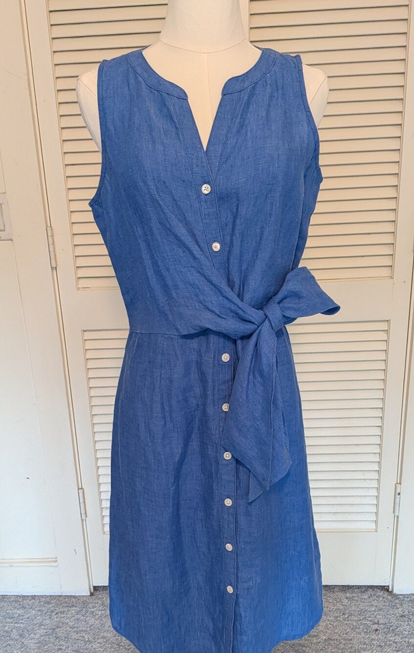 Blue Sleeveless Button-Front Tie-Waist Dress by J Mclaughlin  100% linen.
